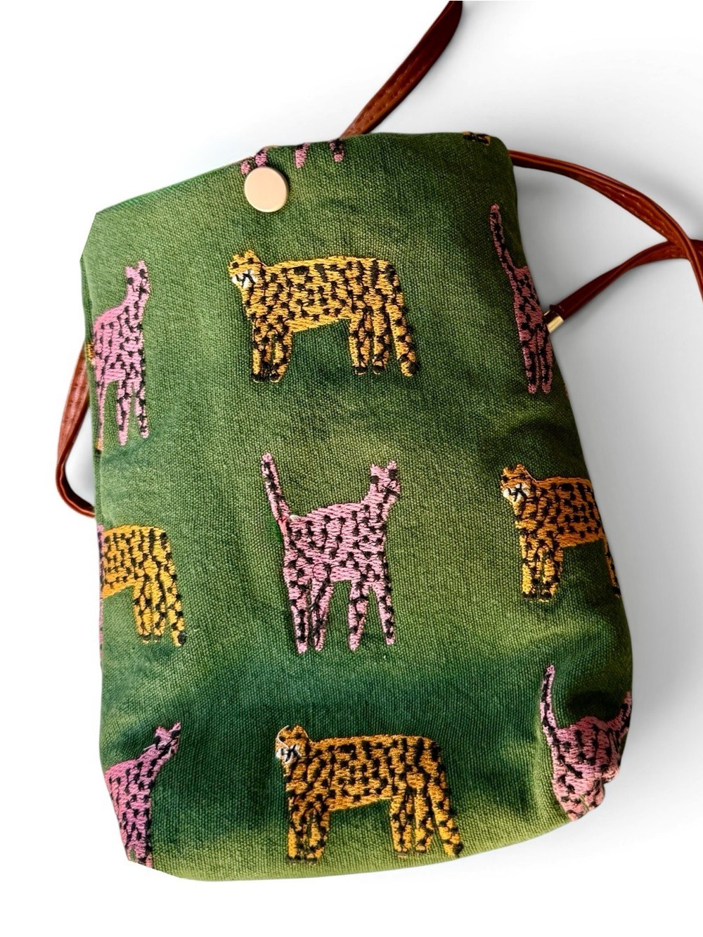 PURRFECT GIFT! Green Canvas Pink & Orange Cat Embroidered Crossbody Bag | NWT - Picture 8 of 9